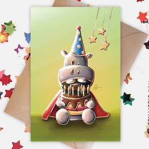 Carte de voeux papier 350g avec Illustration Originale Hippopotame super héros gateau pour Anniversaire