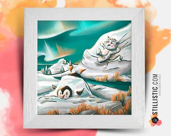 Square frame with Penguin and Snow Leopard Illustration for Baby Children's Room 25x25cm