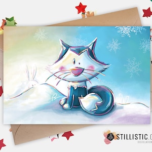 Carte de voeux papier 350g avec Illustration Originale Renard polaire et lapins pour Anniversaire Noël Nouvel An