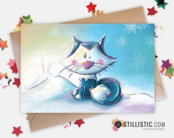 350g Paper Greeting Card with Original Illustration Polar Fox and Rabbits for Christmas Birthday New Year