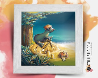 Cornice quadrata con illustrazione bici leone marino e granchio per Baby Room 25x25cm