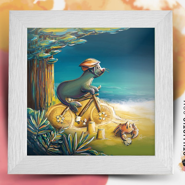 Square frame with Illustration Sea lion bike and crab for Baby Room 25x25cm