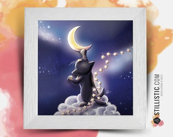 Cadre carré avec Illustration Chat lune et étoiles pour Chambre Enfant bébé 25x25cm