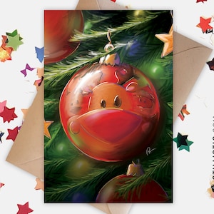 Carte de voeux papier 350g avec Illustration Originale Renne Boule de Noël  pour Noël Nouvel An