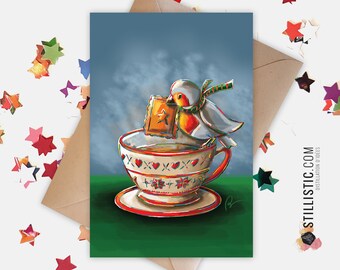 350g Paper Greeting Card with Original Illustration Robin Tea Break for Mother's Day Birthday Christmas New Year