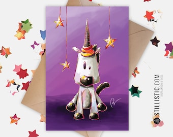 May include: A whimsical illustration of a white unicorn with a rainbow horn and a star-shaped hat on a purple background. The unicorn is surrounded by stars hanging from strings.