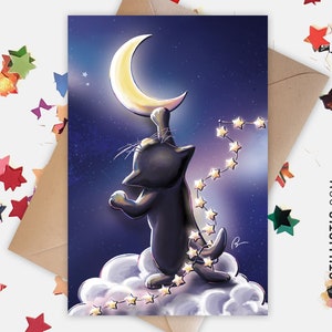 Carte de voeux papier 350g avec Illustration Originale Chat lune et étoiles