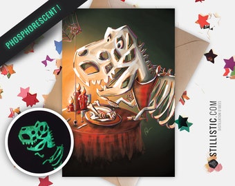 350g Paper Greeting Card with Original Illustration Phosphorescent Skeleton T-Rex Halloween for Birthday