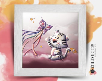 Square frame with Illustration White Tiger and butterfly kite for Baby Child's Room 25x25cm