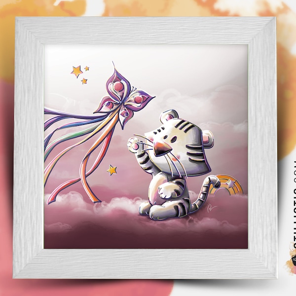 Cadre carré avec Illustration Tigre blanc et cerf-volant papillon pour Chambre Enfant bébé 25x25cm