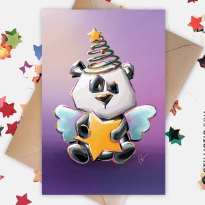 Carte de voeux papier 350g avec Illustration Originale Panda Etoile et Sapin pour Noël Nouvel An Fêtes de fin d'année