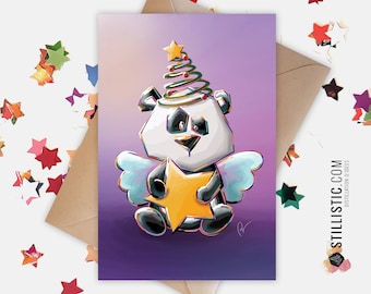 350g Paper Greeting Card with Original Illustration Panda Star and Tree for Christmas New Year's Eve End of year celebrations
