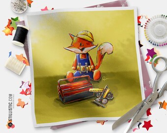 Illustrated coupon featuring a handyman fox, made of cotton or minky fabric free of harmful substances, 15x15cm or 20x20cm