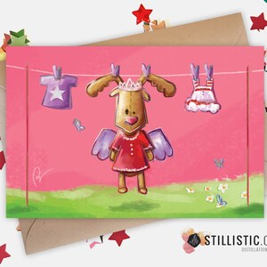 Carte de voeux papier 350g avec Illustration Originale Bébé Renne Ange pour Félicitations ou Faire part Naissance Fille
