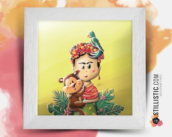Square frame with Illustration Frida Kalho Monkey Parrot for Baby Children's Room 25x25cm