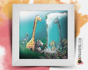 Square frame with Illustration Giraffe and Zebra Jungle for Baby Child's Room 25x25cm