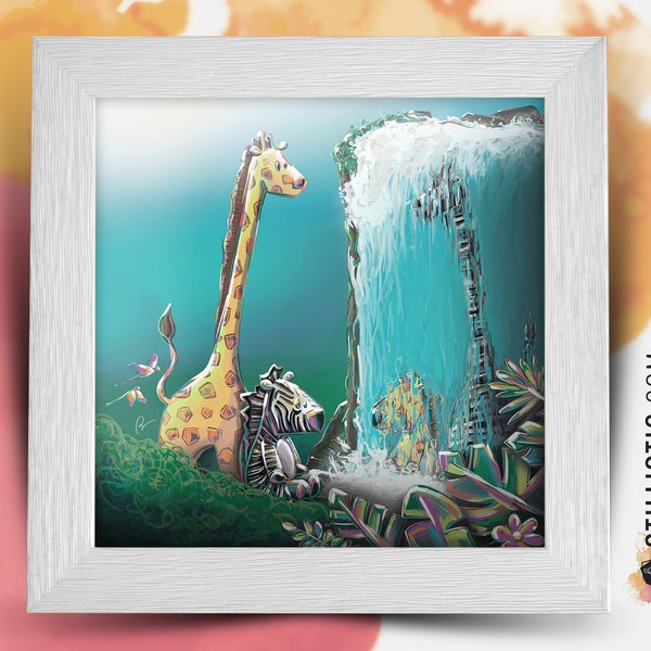 Cadre carré avec Illustration Girafe et Zèbre Jungle pour Chambre Enfant bébé 25x25cm