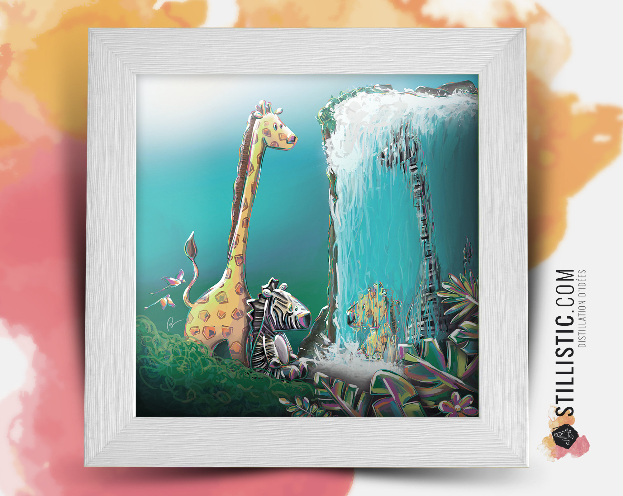 Cadre Carré avec Illustration Girafe et Zèbre Jungle Pour Chambre Enfant Bébé 25x25cm