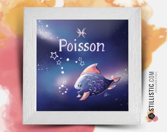 Square frame with Illustration astrological sign phosphorescent fish for Baby Child Room 25x25cm