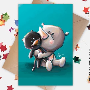 Carte de voeux papier 350g avec Illustration Originale Rhinocéros et panthère pour Naissance Amitié Anniversaire