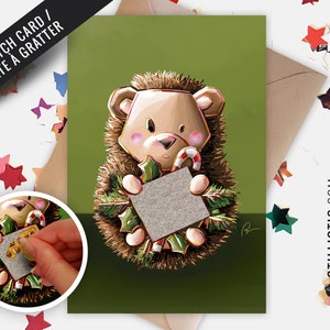 Carte de voeux papier 350g à gratter avec Illustration Originale Hérisson Noël Fêtes fin d'année