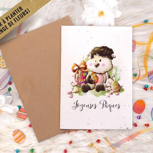 Carte de voeux Pâques à planter Agneau et lapins + enveloppe