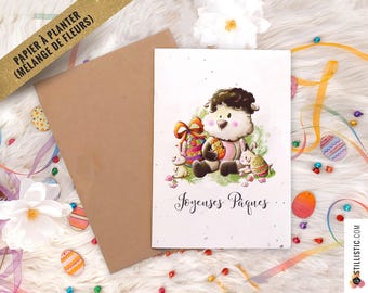 Carte de voeux Pâques à planter Agneau et lapins + enveloppe