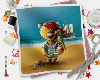 Illustrated coupon featuring a pirate lion cub, made of cotton or minky fabric free of harmful substances, 15x15cm or 20x20cm