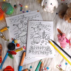 Carte happy birthday à imprimer et colorier pour enfants avec illustrations animaux