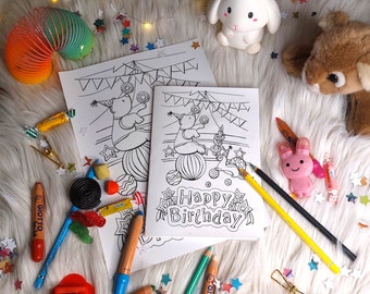 Carte happy birthday à imprimer et colorier pour enfants avec illustrations animaux