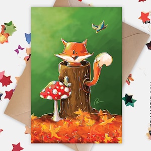 Carte de voeux papier 350g avec Illustration Originale Petit renard dans la forêt pour Anniversaire Naissance