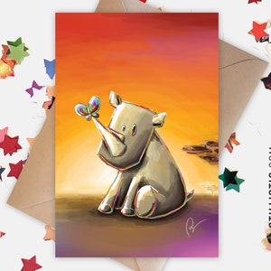 Carte de voeux papier 350g avec Illustration Originale Rhino dans la savane pour Amitié Anniversaire