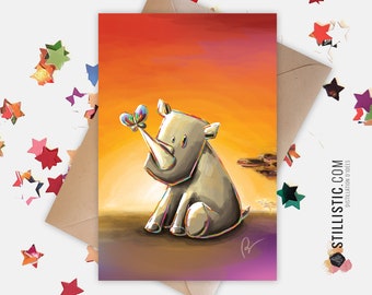 350g Paper Greeting Card with Original Rhino Illustration in the Savannah for Birthday Friendship