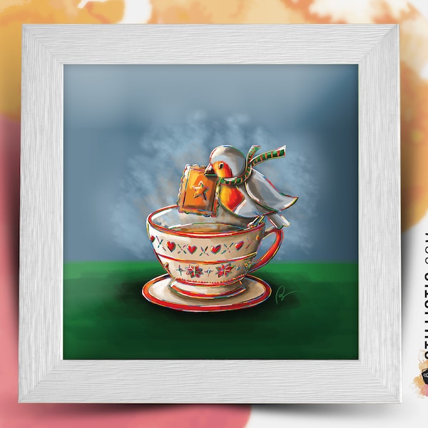 Square Frame with Illustration Robin Tea Break for Baby Children's Room 25x25cm