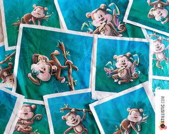 Illustrated coupon minky cotton fabric Monkey emotions, 15x15cm or 20x20cm