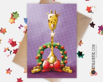 350g Paper Greeting Card with Original Illustration Giraffe and Wreath for Christmas New Year