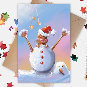 Carte de voeux papier 350g avec Illustration Originale loutre bonhomme de neige pour Noël Nouvel An