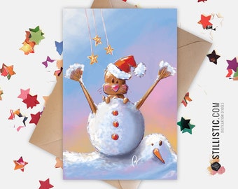 350g Paper Greeting Card with Original Illustration Otter Snowman for Christmas New Year