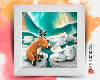 Square frame with Reindeer and polar fox Illustration for Baby Children's Room 25x25cm