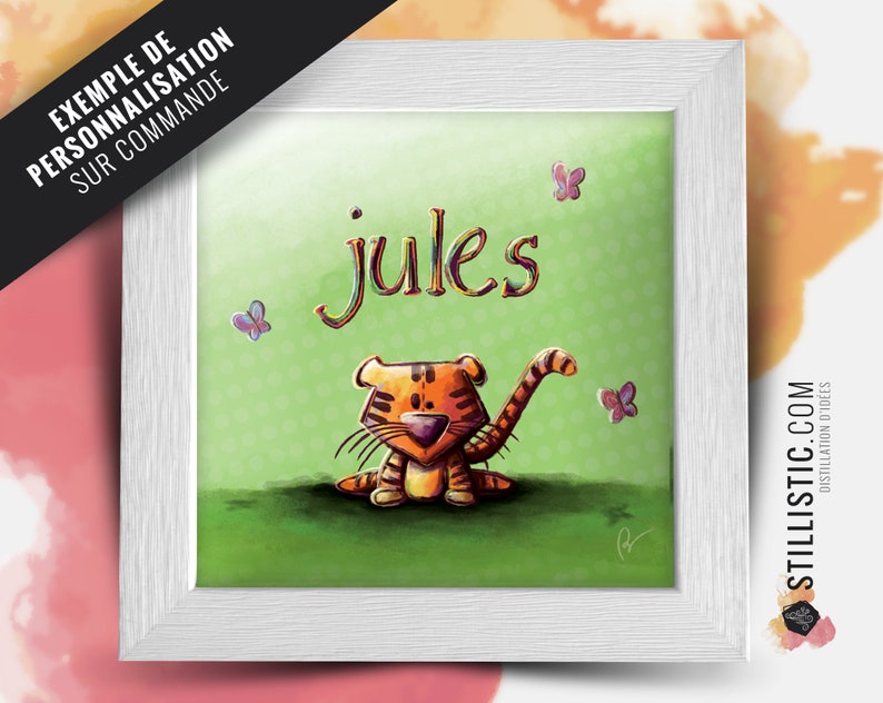 Cadre carré avec Illustration Tigre et papillons pour Chambre Enfant bébé 25x25cm image 2