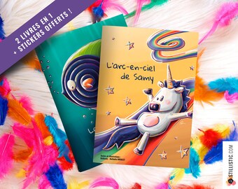 Unicorn and Candy Fish Coloring Book with 2 Stories + Free Stickers. Stillistic Illustrations and Text.