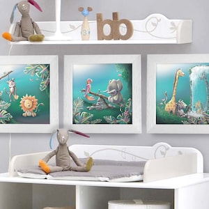 Triptych set of 3 square frames with Jungle Animals Illustration for Baby Children's Room 25x25cm