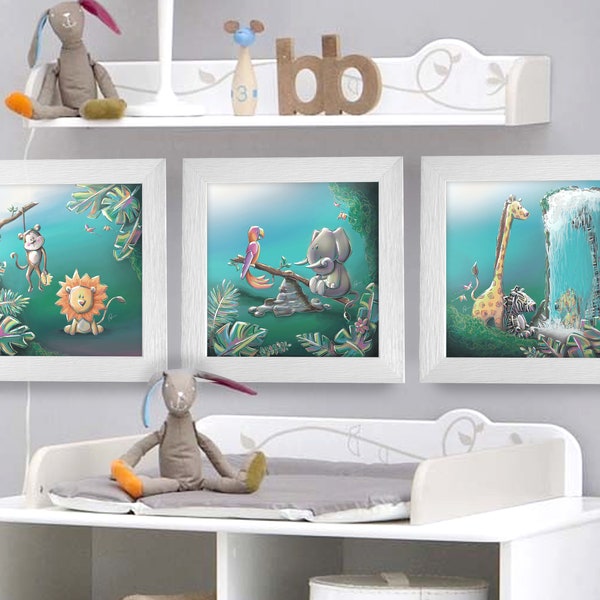 Triptyque lot de 3 Cadres carrés avec Illustration Animaux de la Jungle pour Chambre Enfant bébé 25x25cm