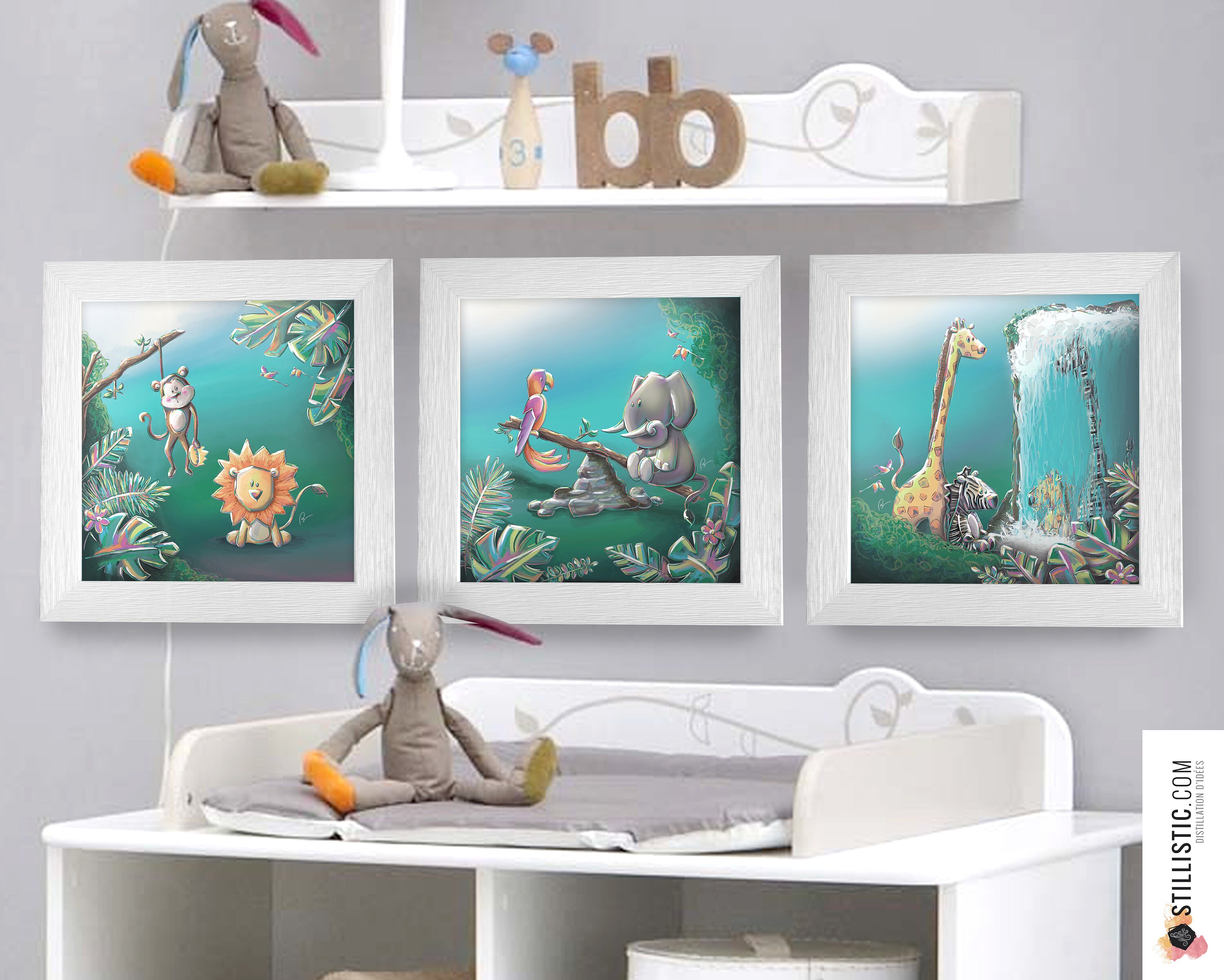 Triptyque Lot de 3 Cadres Carrés avec Illustration Animaux La Jungle Pour Chambre Enfant Bébé 25x25c