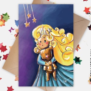 350g paper greeting card with original illustration of a little girl and a teddy bear for friendship, mother's day, birthday