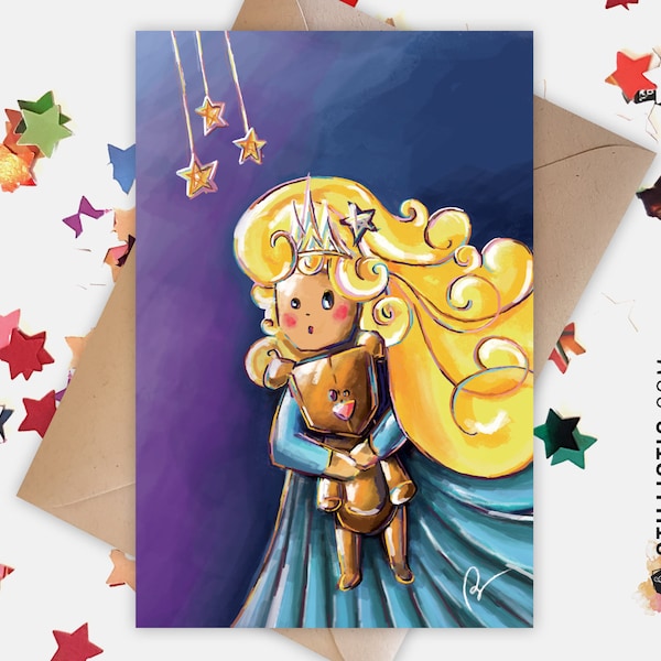 Carte de voeux papier 350g avec Illustration Originale Petite fille et ourson pour Amitié Fête des mères Anniversaire