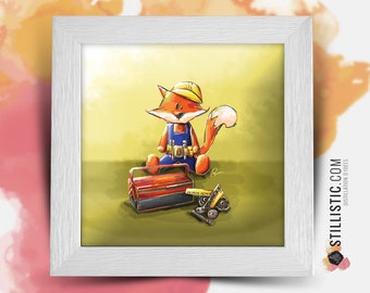 Square frame with Illustration Fox Hobby for Baby Room 25x25cm