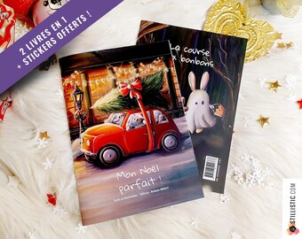 Book of 2 coloring stories: Christmas and Halloween + free stickers. Stillistic illustrations and text.