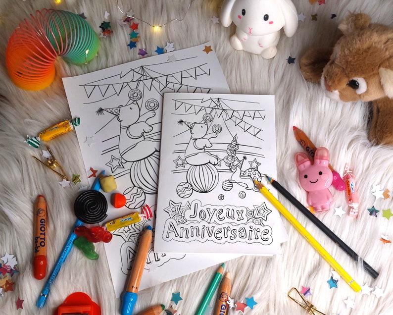 Carte joyeux anniversaire à imprimer et colorier pour enfants avec illustrations animaux image 1