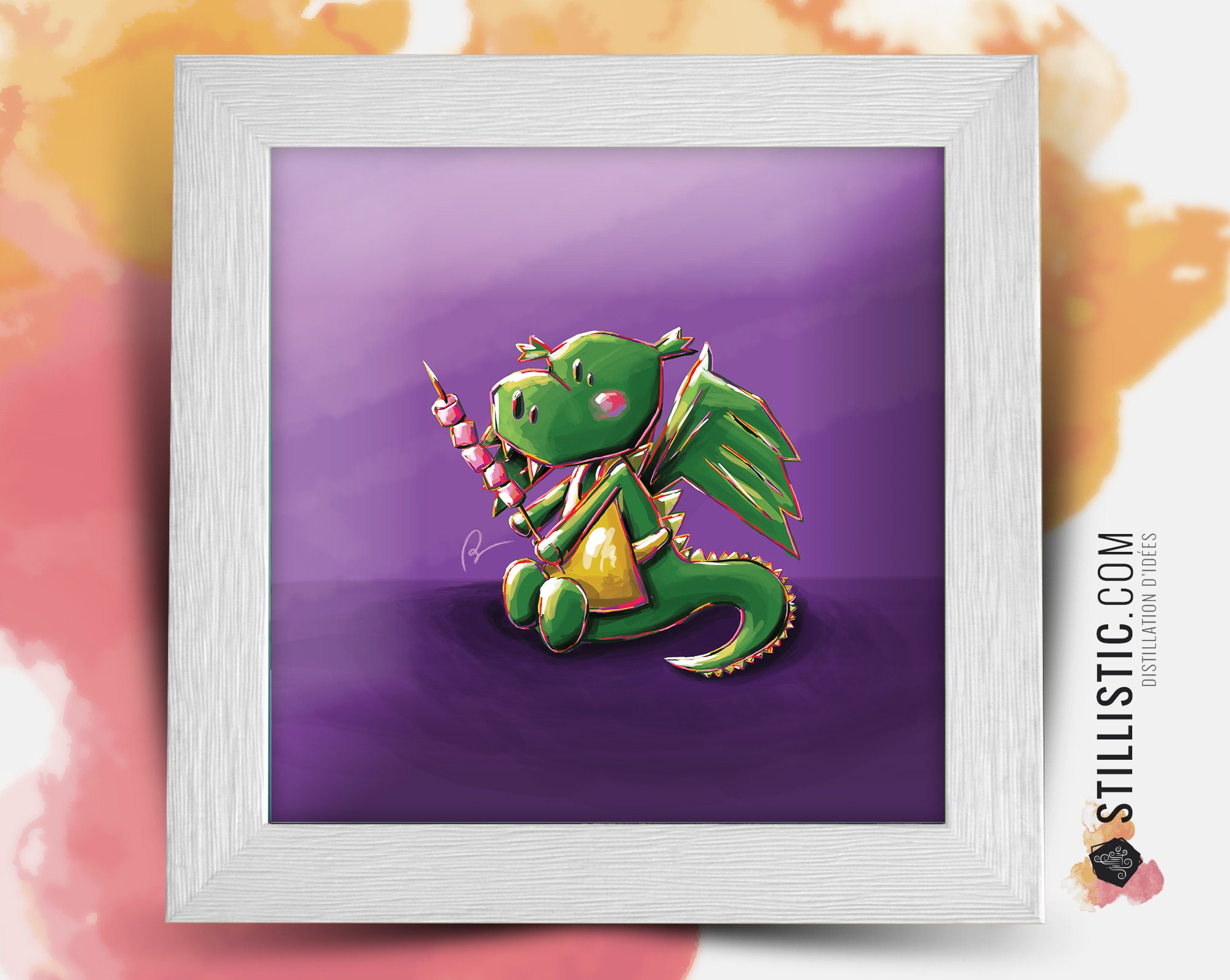 Cadre Carré avec Illustration Bébé Dragon et Chamallows Pour Chambre Enfant Bébé 25x25cm